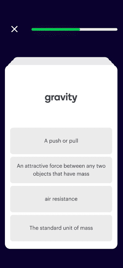 A screenshot of the Stile X app, featuring a flashcard on the definition of gravity