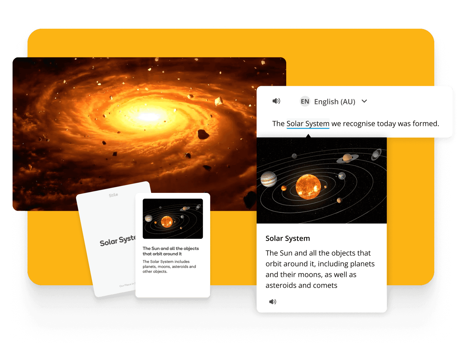 Visuals of galaxy formation and solar system diagrams with text explaining the Sun and orbiting objects like planets, moons, asteroids, and comets.