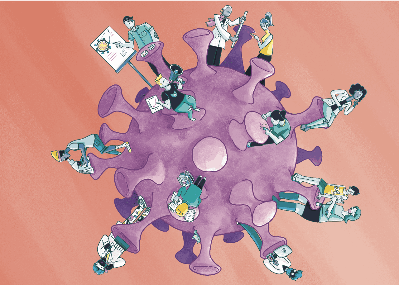 An illustration of an enourmous purple disease cell, with various scientists standing on it, researching and communicating their findings