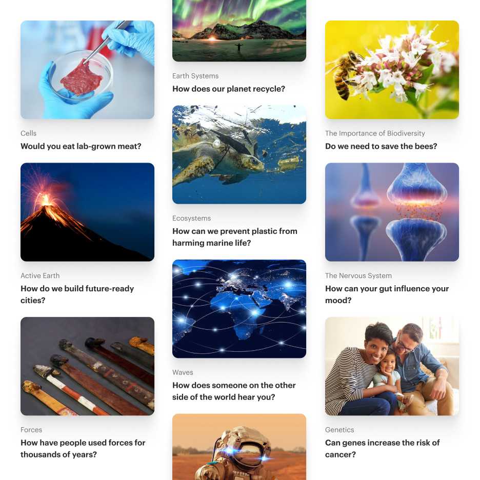 Curriculum content areas displayed with images and text: Term 1 'Biological sciences' with topics on ecosystems and evolution, and Term 2 'Chemical sciences' with topics on matter and reactions.