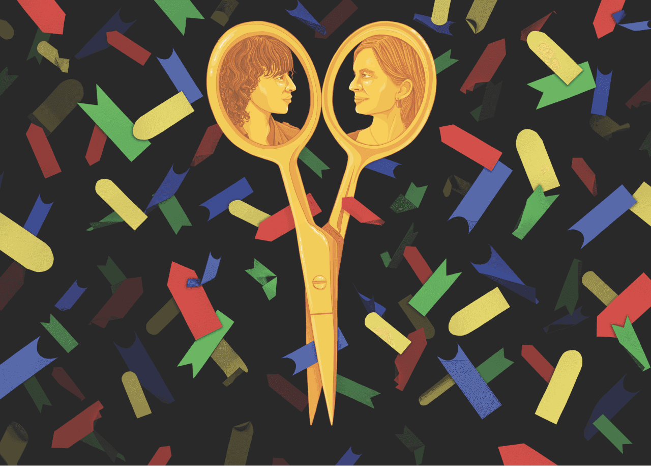 An illustration featuring golden scissors with golden portraits of Emmanuelle Charpentier and Jennifer Doudna