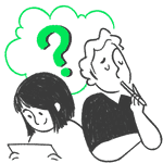 Two illustrated students, one who is reading something, and the other with eyes closed and thinking. Behind them is a thought bubble with a question mark in it