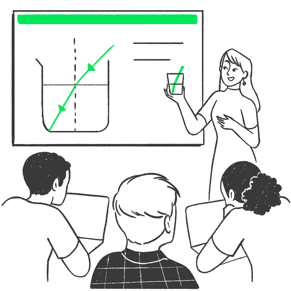 An illustration of a teacher explaining a demonstration she is holding, with a bigger diagram on the board behind her