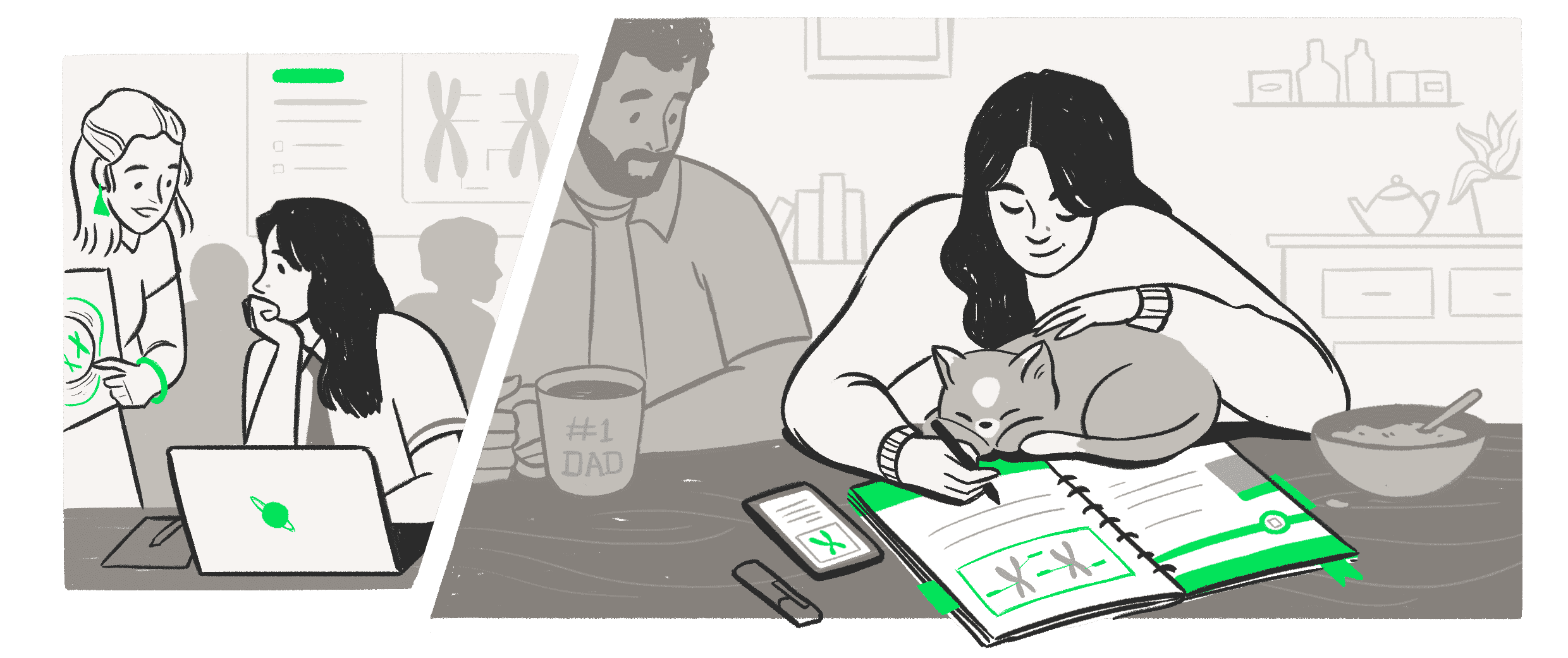 An illustration showing a student working in two locations, one at school with a teacher helping and one at home with her father helping