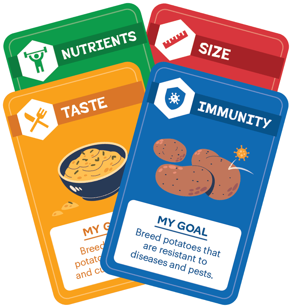 Four Super Spuds goal cards: Nutrients, Size, Taste, and Immunity