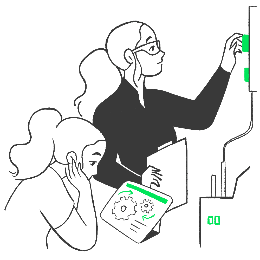 An illustration of two female scientists. One is looking at a diagram of gears, and the other is reaching for something with a clipboard in hand