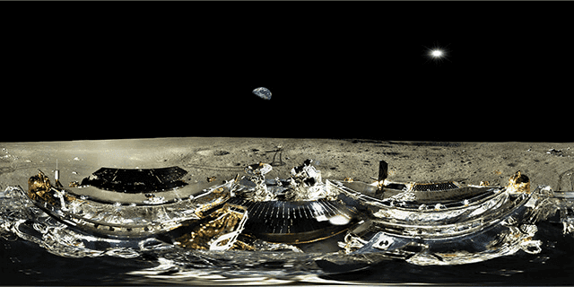 A moon lander on the surface of the Moon, distorted like looking through a curved lense