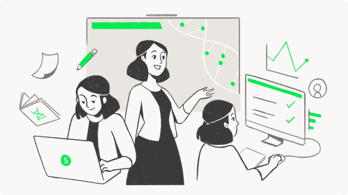 An illustration showing a teacher at the board, with two students working on computers