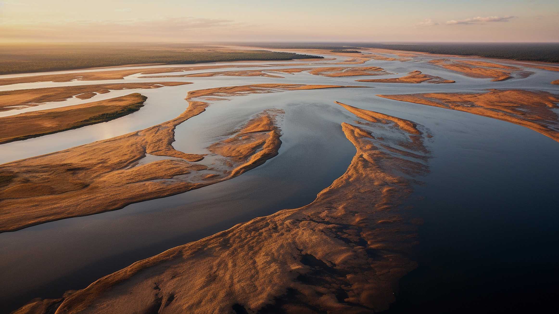 Aerial view of the Mississippi River winding through sandbars at dusk
