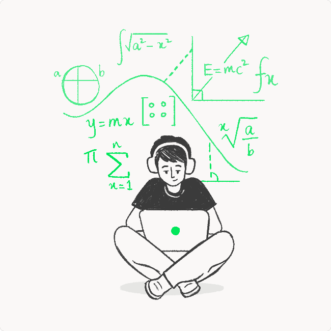 An illustration of a student sitting cross-legged and working on a laptop. There is various mathematical symbols and diagrams in the background