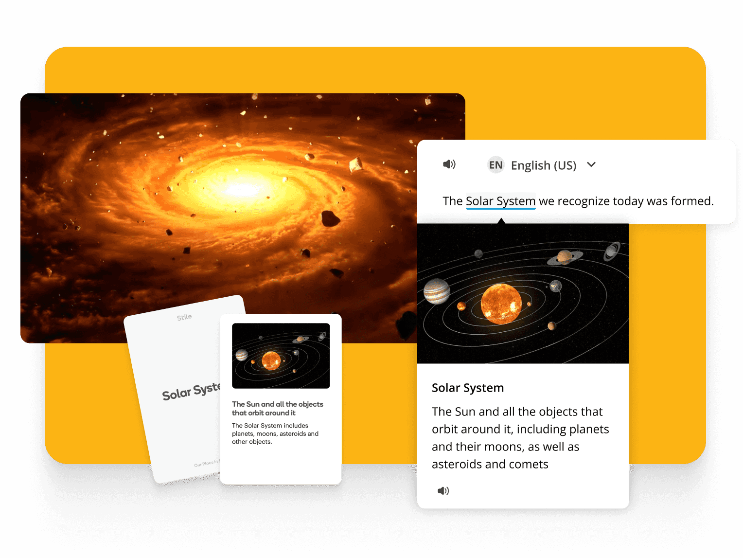 Visuals of galaxy formation and solar system diagrams with text explaining the Sun and orbiting objects like planets, moons, asteroids, and comets.