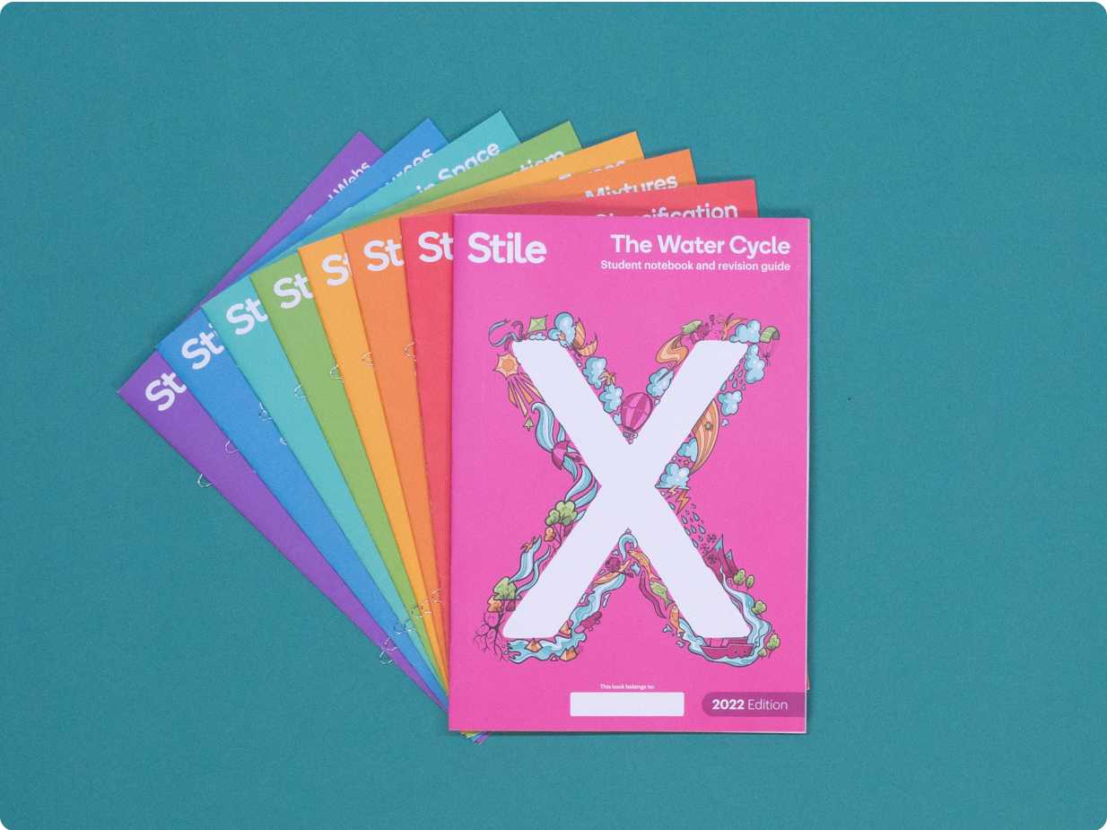 Colorful Stile X booklets fanning out in a rainbow pattern