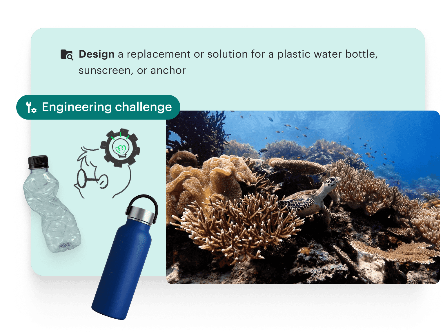 Text: Design a replacement or solution for a plastic water bottle, sunscreen, or anchor. Image: Engineering challenge with illustrations of plastic and reusable bottles next to a photo of a coral reef with a turtle.