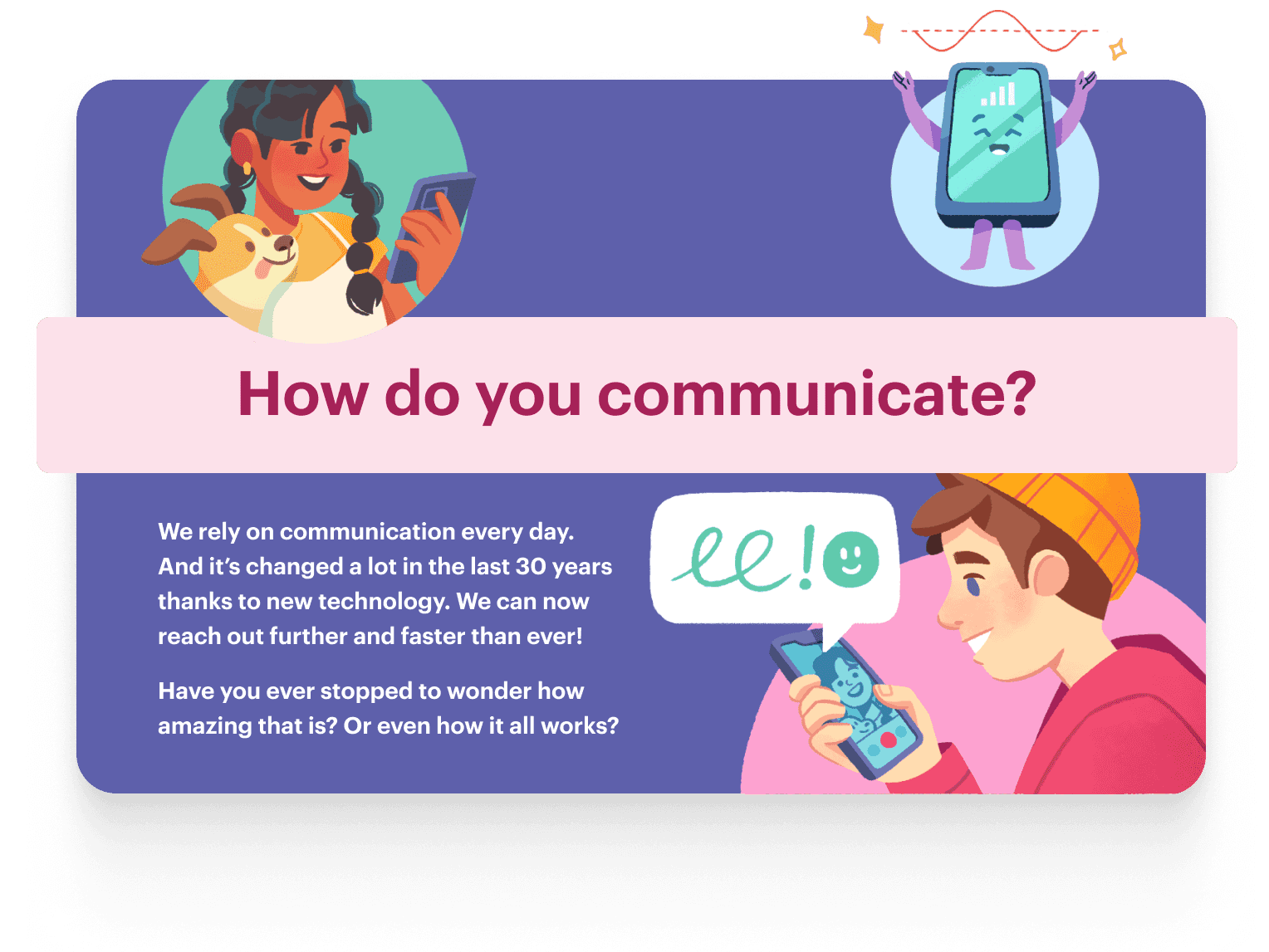 Text: How do you communicate? Image: Illustrations of students using phones and digital communication, with supporting text about how communication has changed with technology.