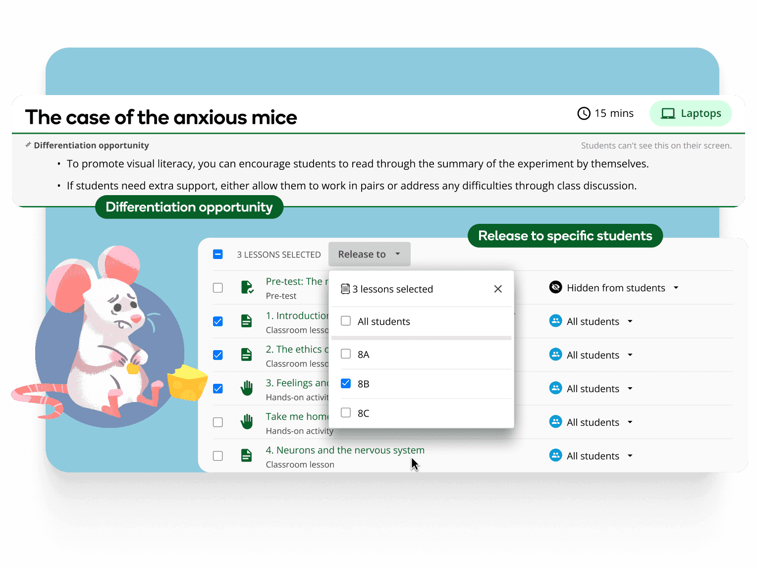 Text: The case of the anxious mice. Image: Differentiation options for assigning lessons, showing a cartoon mouse and a lesson selection menu with the ability to release tasks to specific student groups.