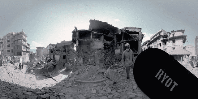 The rubble of an earthquake-damaged building, distorted like looking through a curved lense